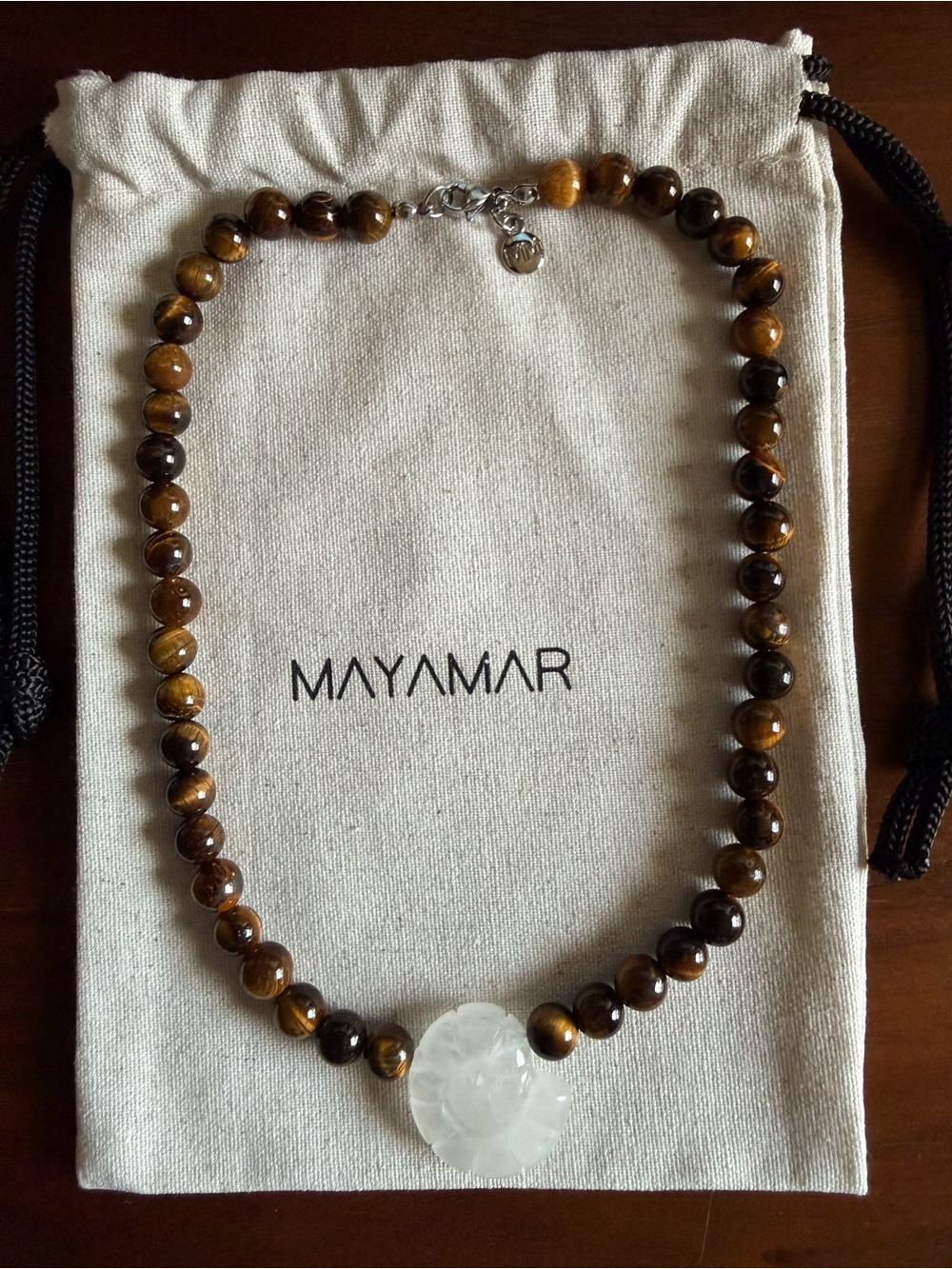 Mayamar Natural Tiger Eye Beaded Necklace with Shell Pendant
